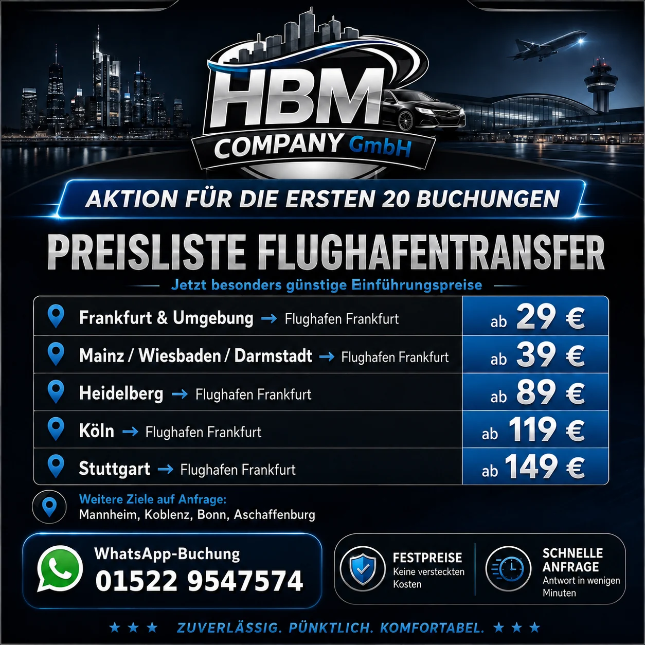 Preisliste HBM Flughafentransfer Frankfurt mit Einführungspreisen